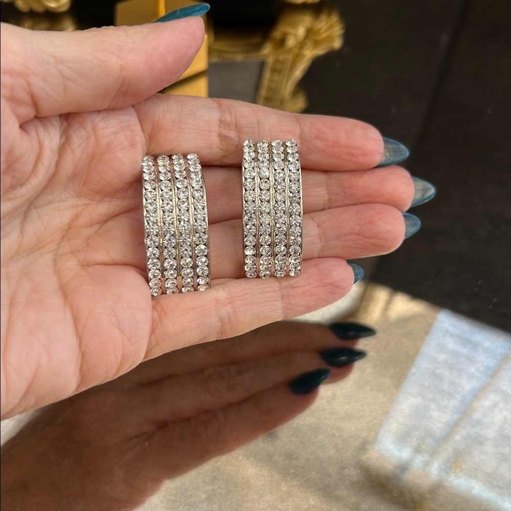 Vintage Crystal Pave Multi-Row Half Hoop Clip On Earrings - Silver